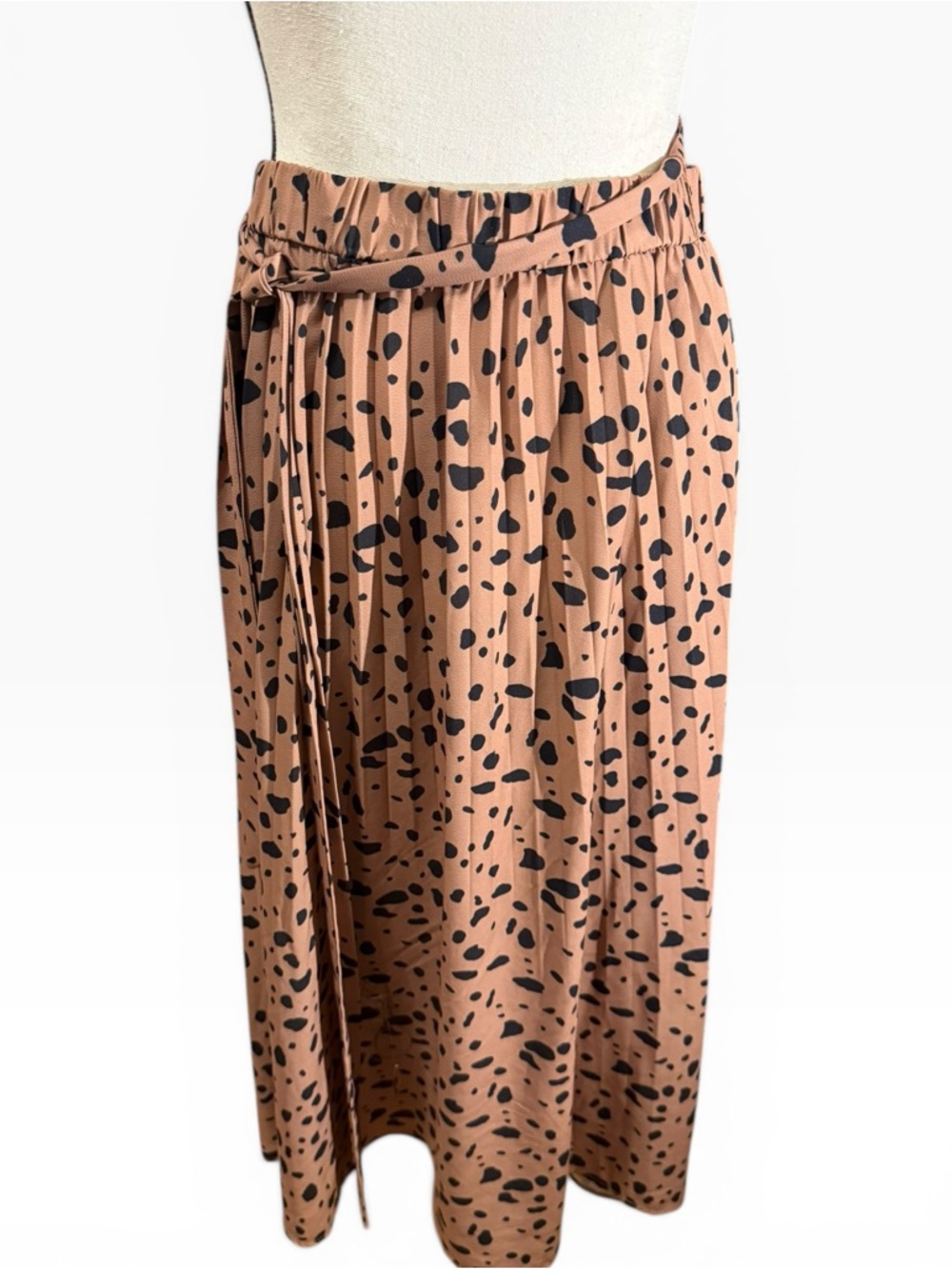 Tan Leopard Print Pleated Midi Skirt